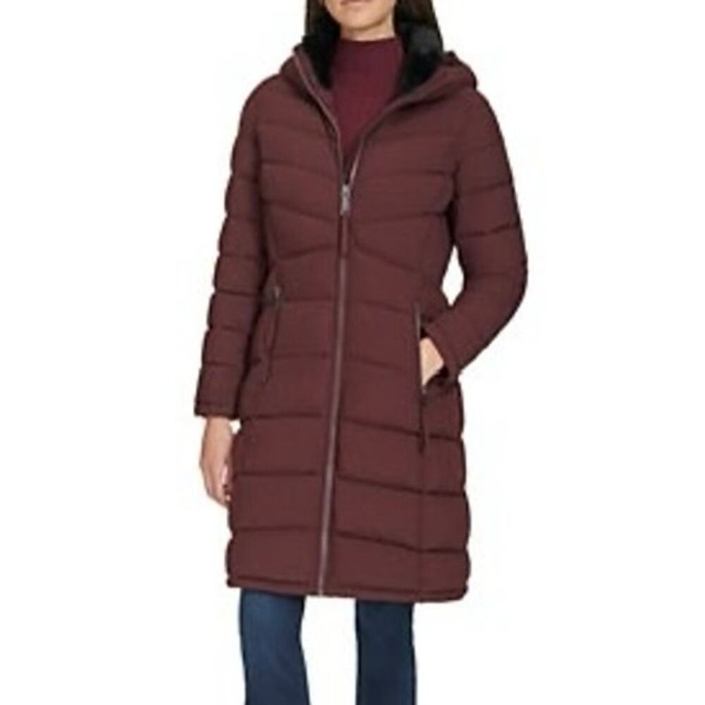 CALVIN KLEIN Burgundy Hooded Stretch Puffer Coat Size M New with Tag MSRP $315